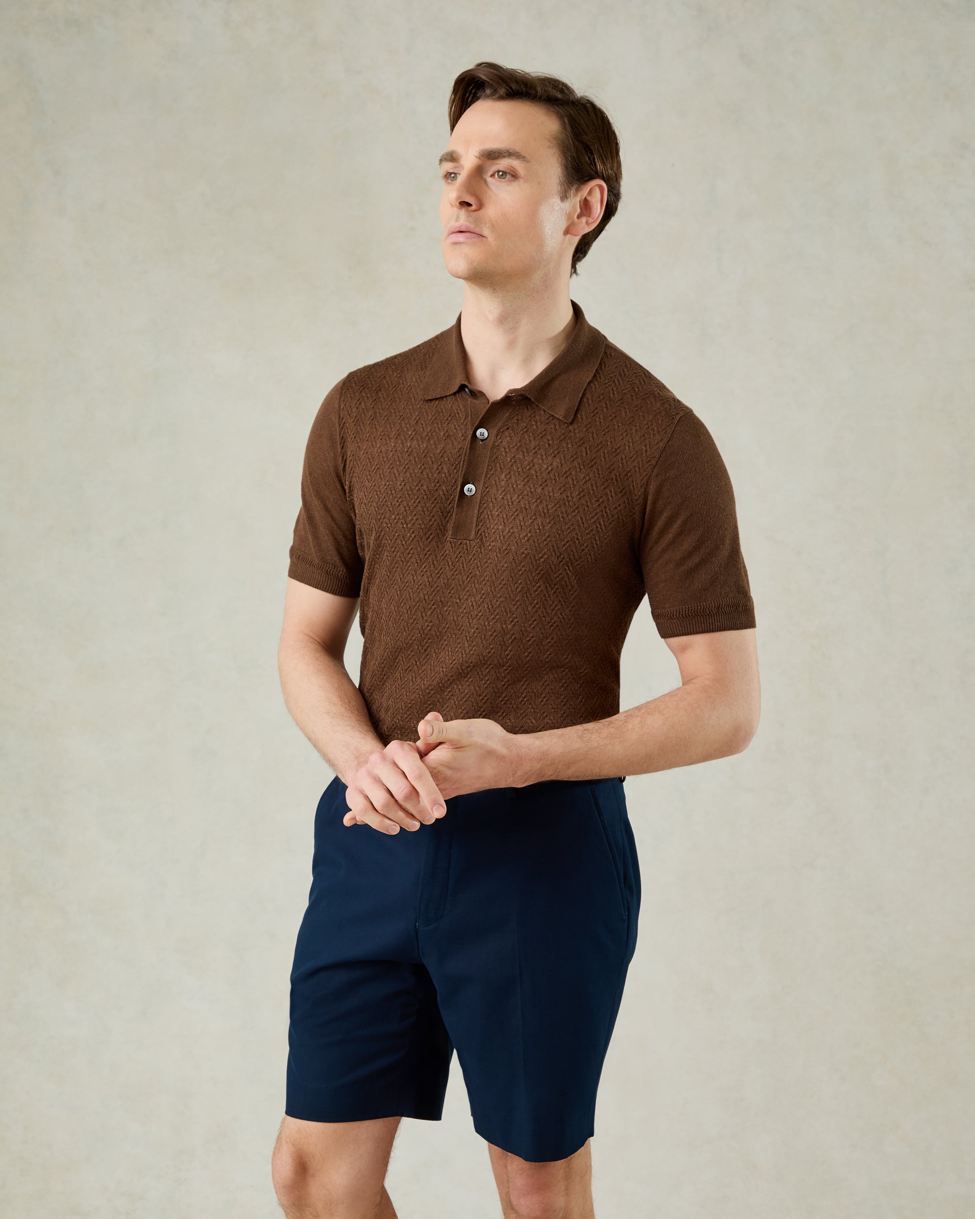 Nelson Crosshatch Short Sleeve Textured Polo Brown