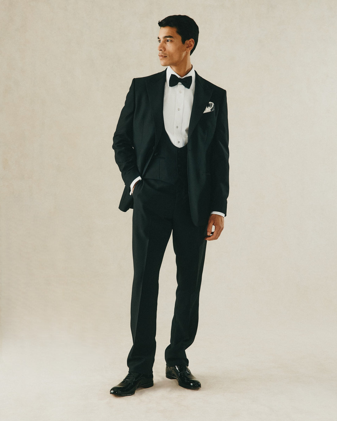 Shelford Black Wool Mohair Barathea Peak 3-Piece Dinner Suit  [Available as separates]