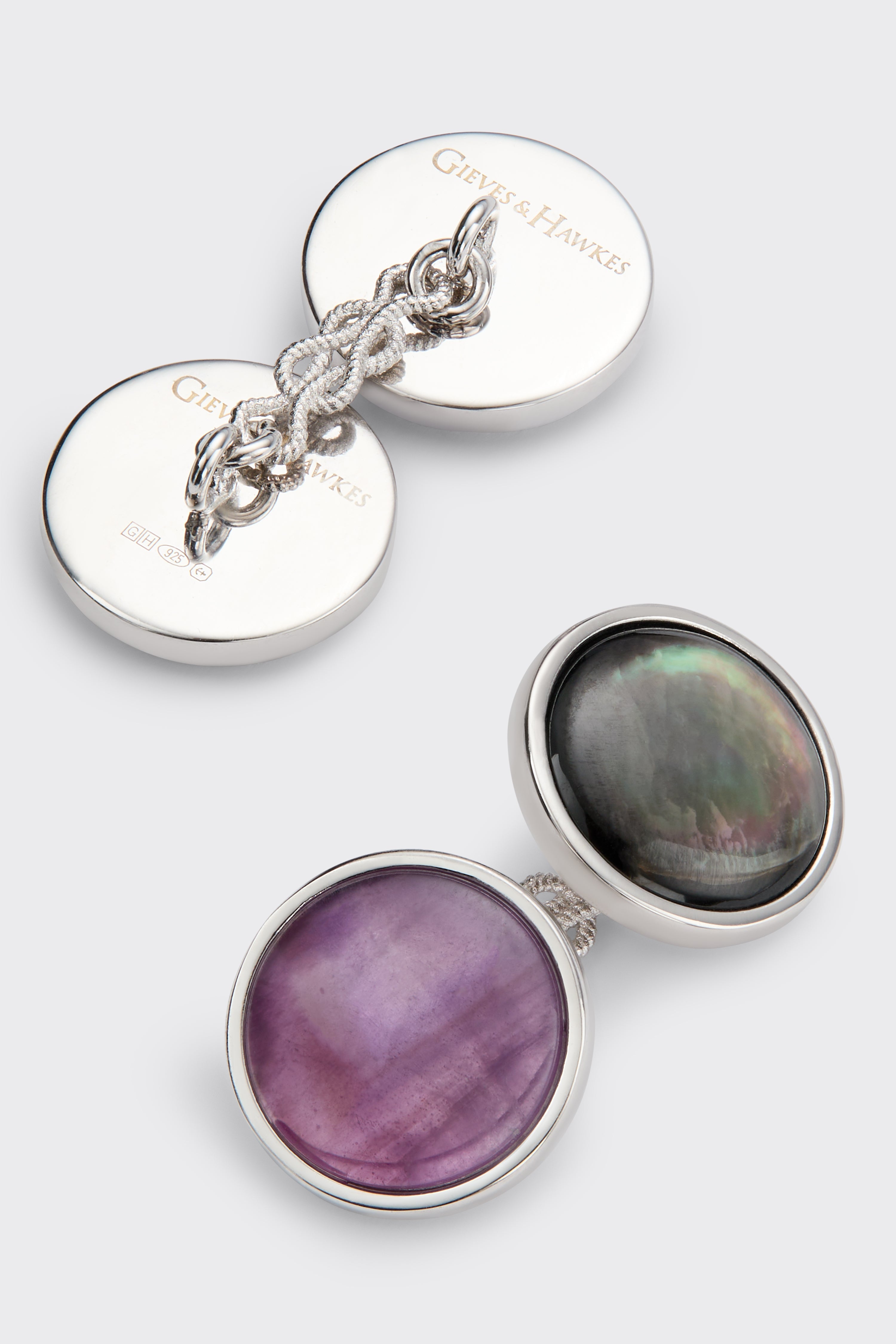 Clint Sterling Silver Reversible Cufflinks Grey/ Purple Mother of Pearl &amp; Amethyst