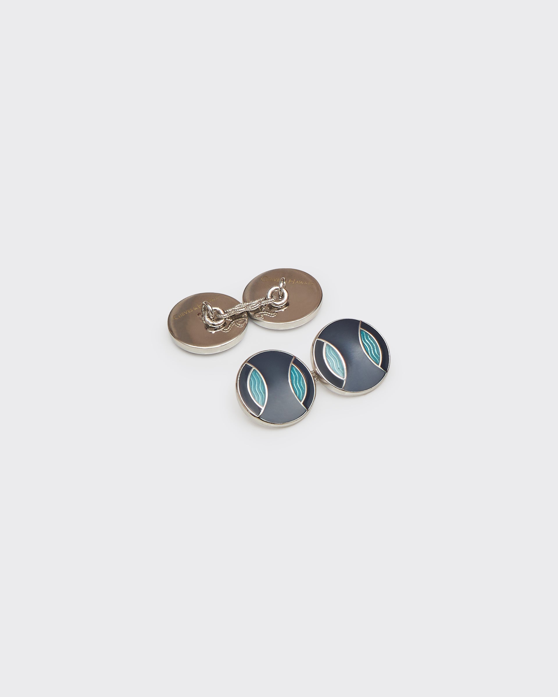 Gravener Sterling Sliver Round Enamel Cufflink Navy &amp; Light Blue