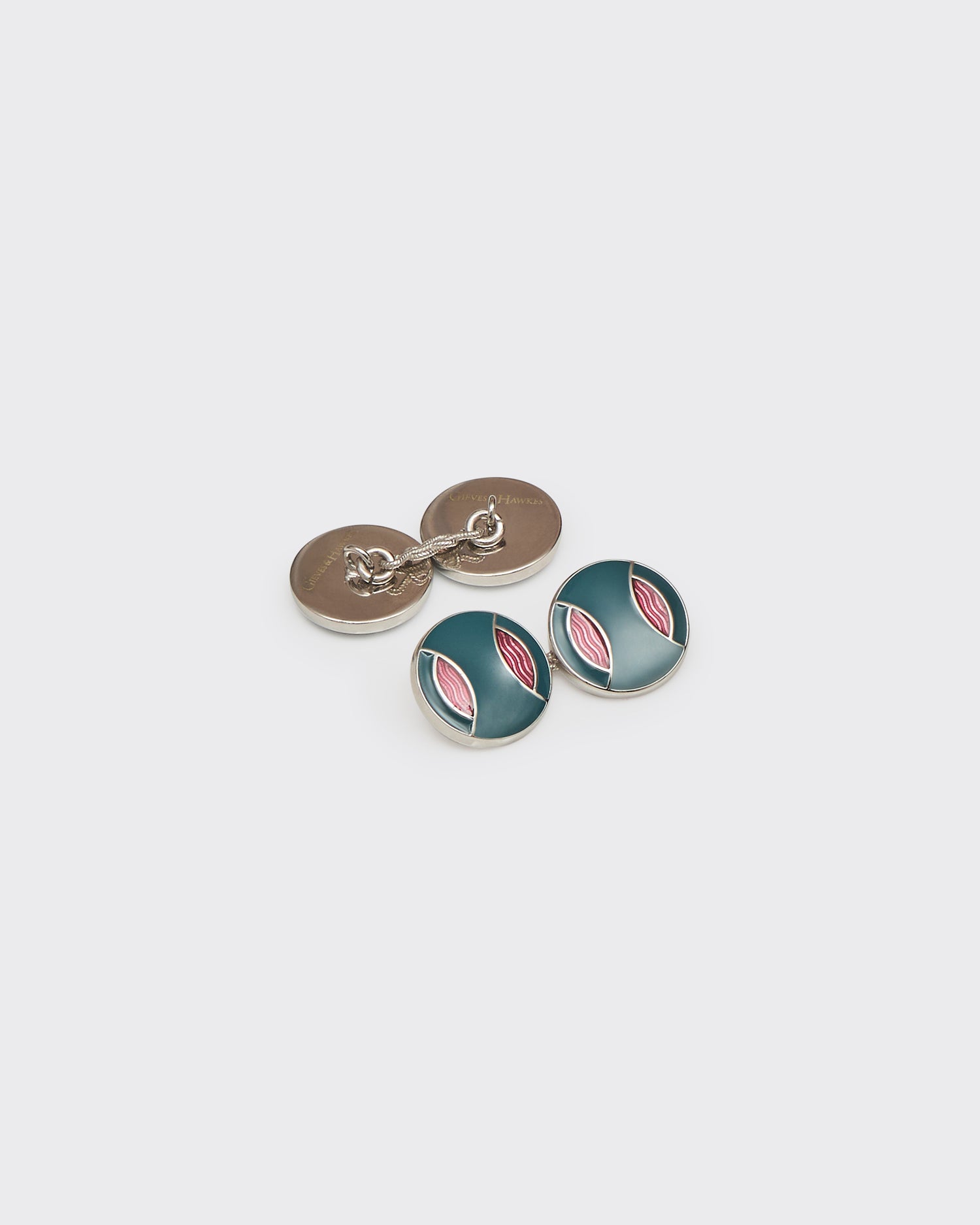 Gravener Sterling Sliver Round Enamel Cufflink Aqua &amp; Burgundy