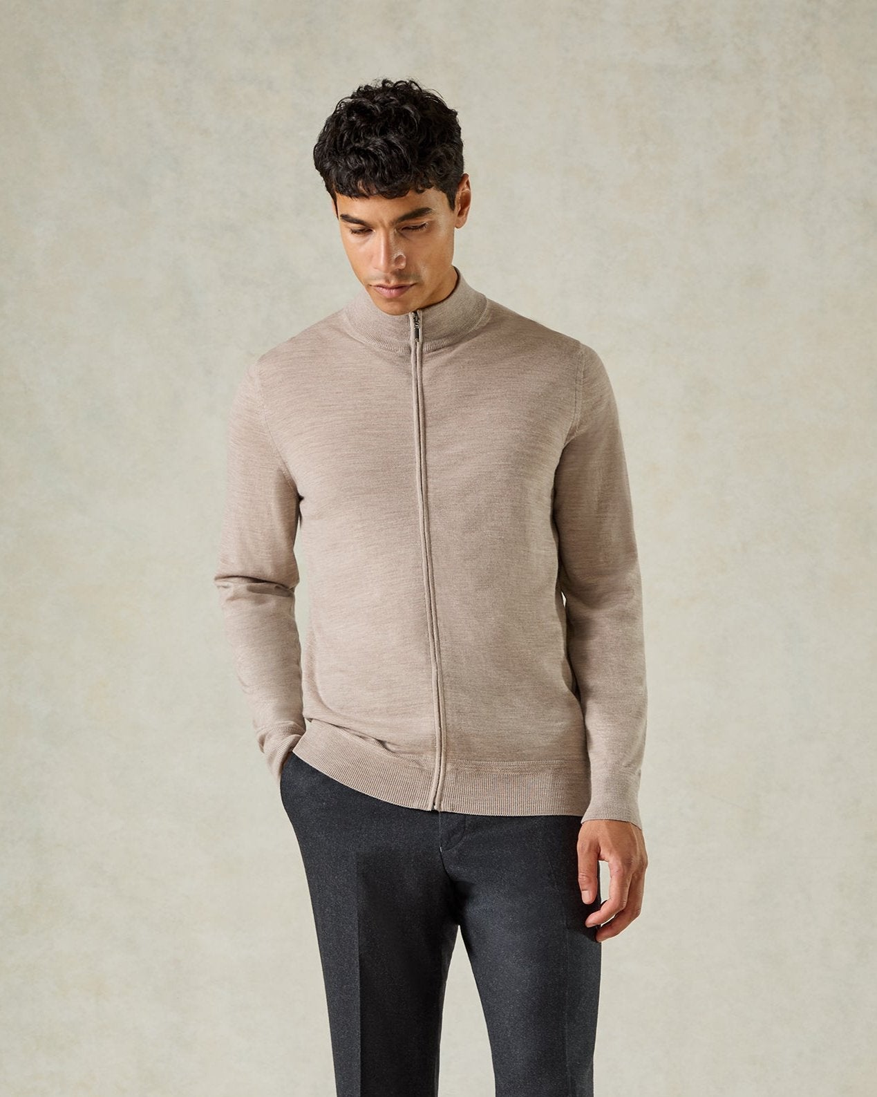 Fraser Ultrafine Merino Wool Full Zip Knit Light Brown