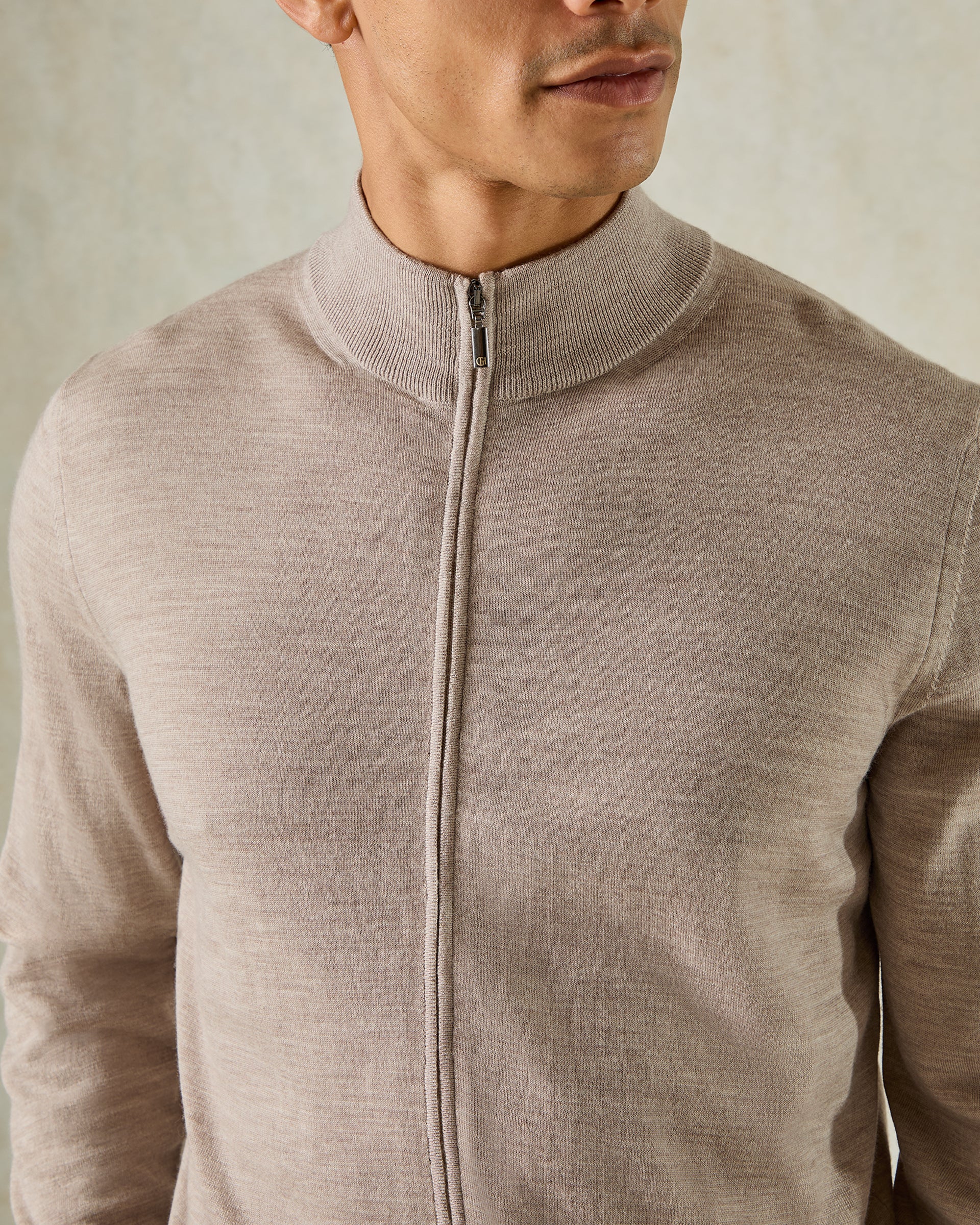 Fraser Ultrafine Merino Wool Full Zip Knit Light Brown