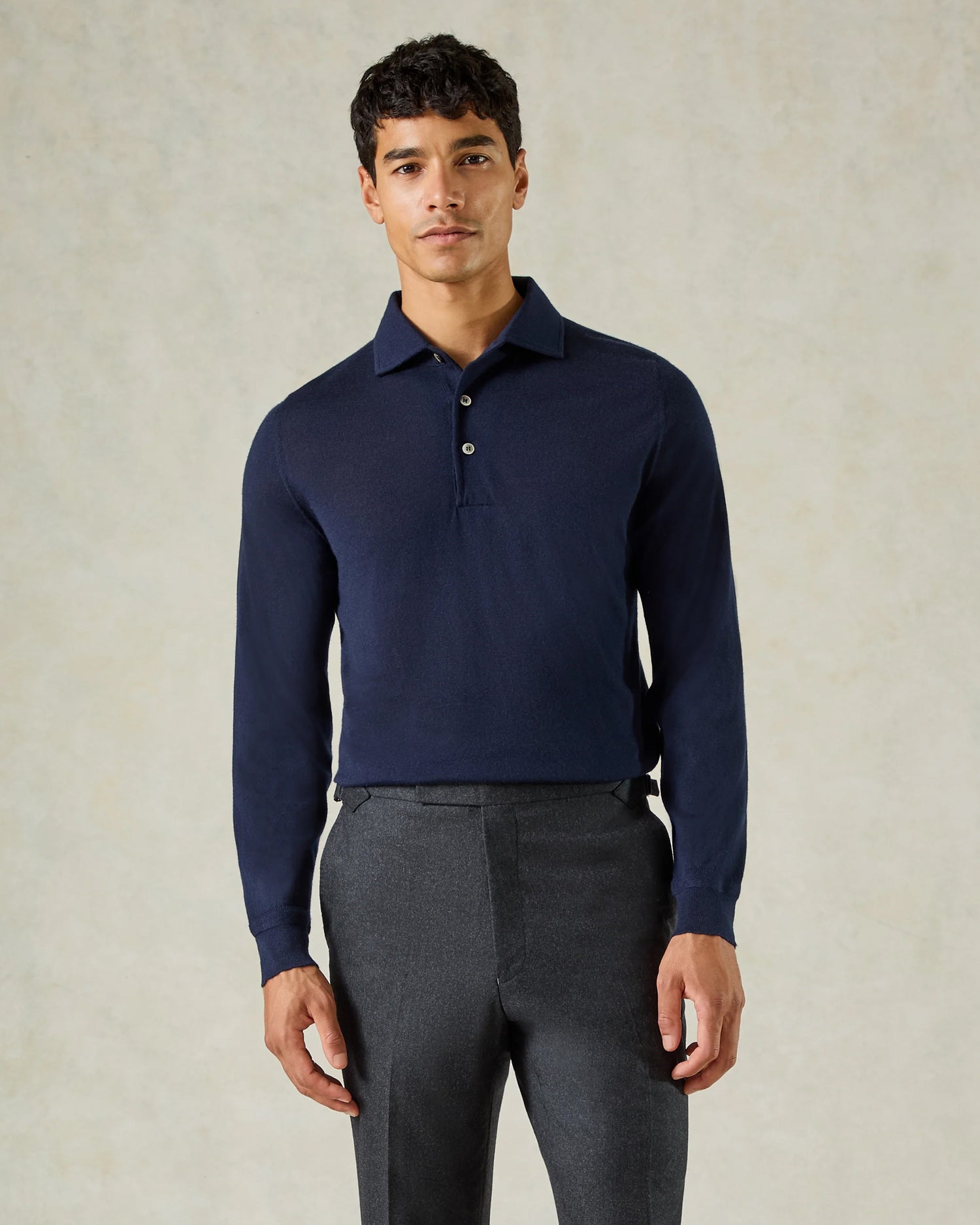 Grant Long Sleeve Merino Polo Shirt Navy