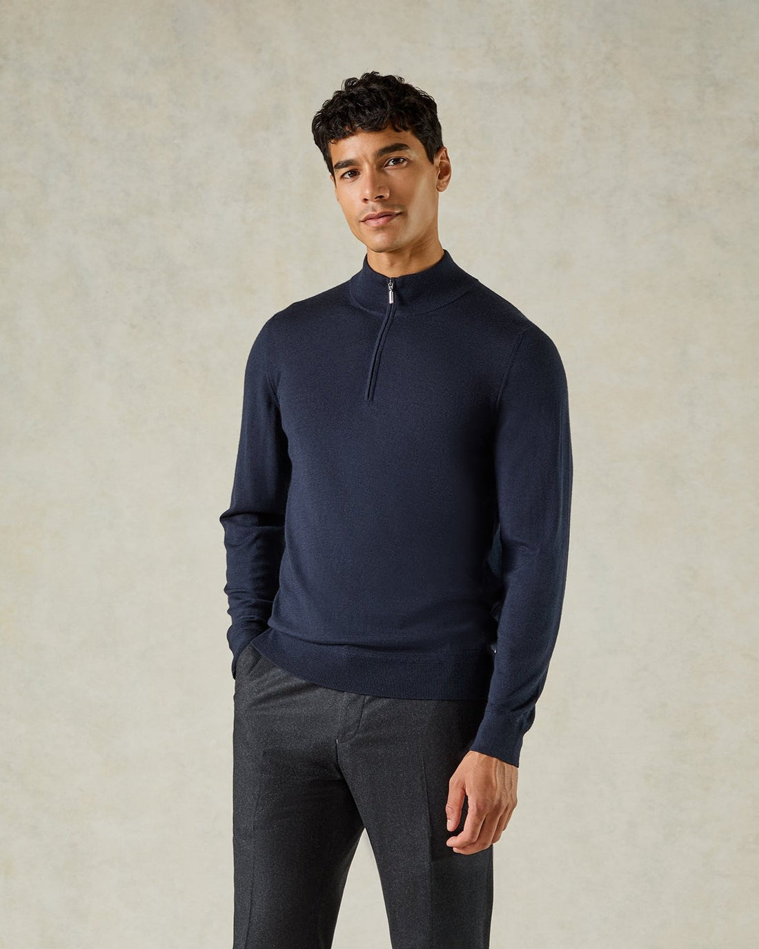 Hamilton Wool Silk Cashmere Quarter Zip Knit Navy