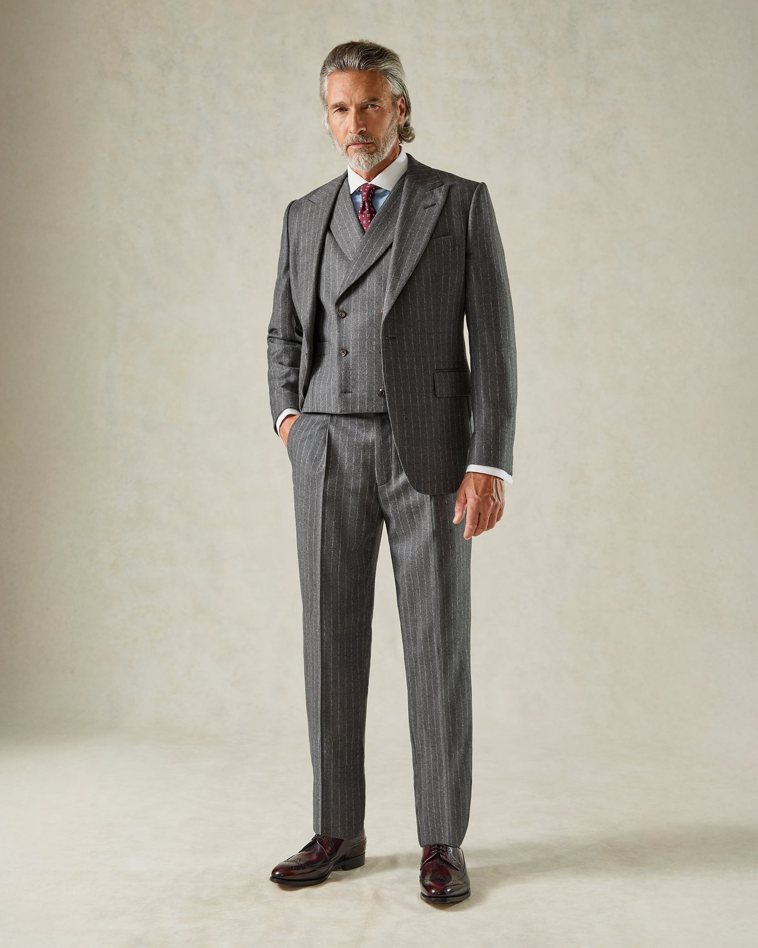 Markham Wool &amp; Cashmere Morse Code Grey Stripe 3-Piece Suit