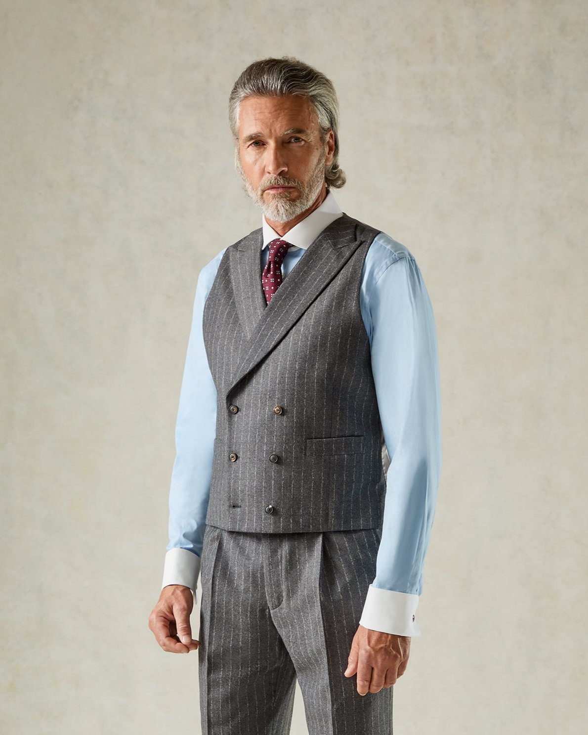 Markham Wool &amp; Cashmere Morse Code Stripe Suit Waistcoat Grey