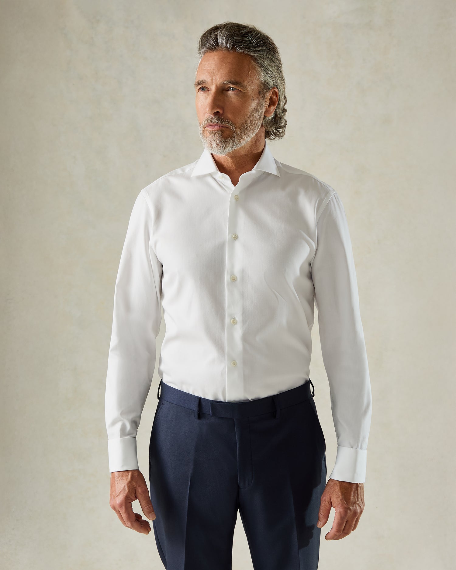 Mawbey Cotton Herringbone Double Cuff Shirt Ecru