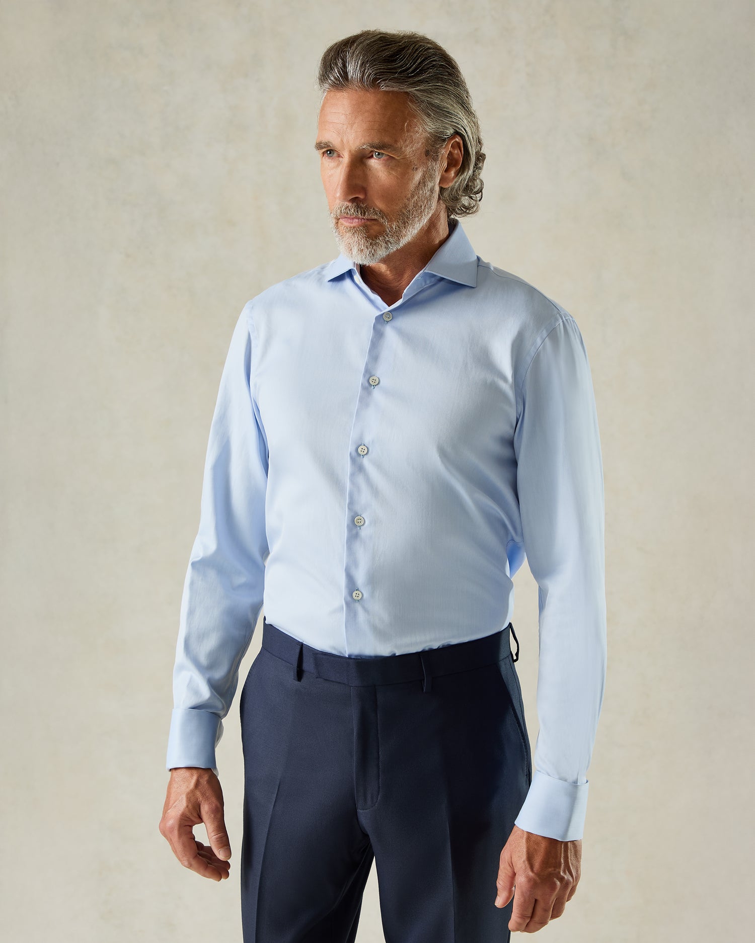 Mawbey Cotton Herringbone Double Cuff Shirt Blue